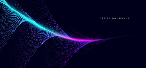 Technology dotted wave blue and pingk glowing on dark background. Big data communication network concept.