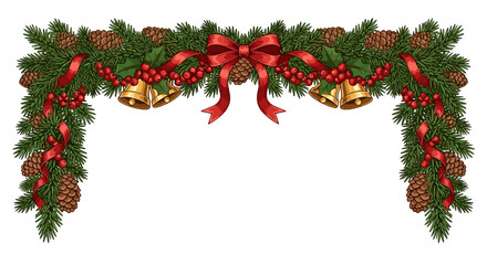 Vector art of festive christmas garland with pine cones, red berries, bells, and bows