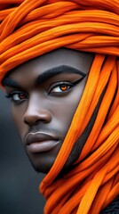 Carrot strips in vibrant orange cascading down the male model's figure with a bold design, calm expression contrasting with the playful tones. Fashionable outfits in perfect style.