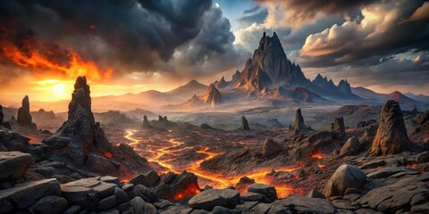 Naklejka premium Fiery Sunset over a Volcanic Landscape with Jagged Peaks and Molten Rivers of Lava