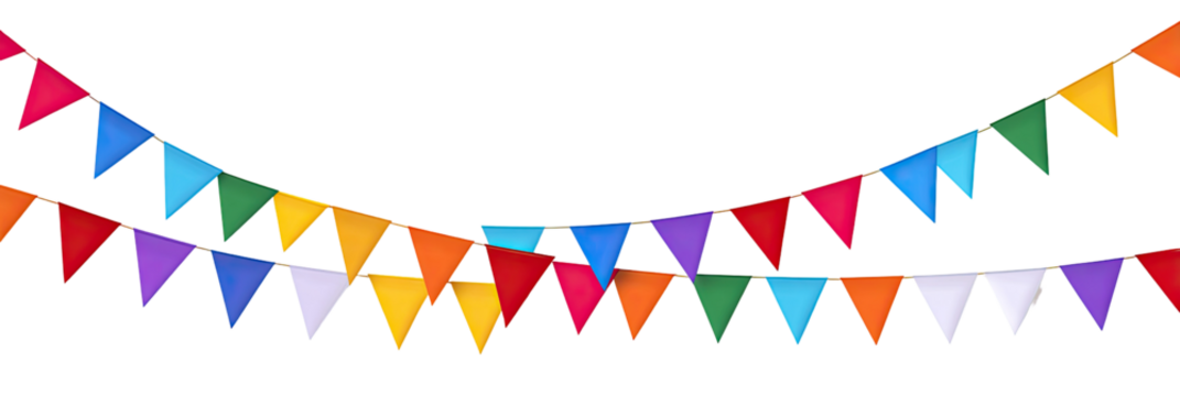 Colorful triangular flags strung on a garland against a black background