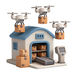 Fototapeta premium 3d icon of warehouse with drones delivering packages isolated on transparent background
