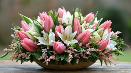 Obraz premium Beautiful Pink and White Tulip Floral Arrangement in a Bowl.