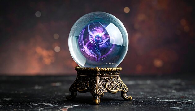A glowing orb with an inner design rests on an ornate stand, against a blurred, dark background - Powered by Adobe