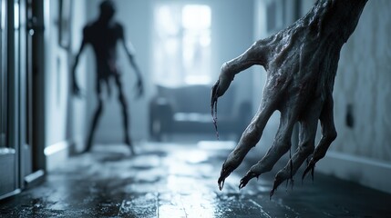 Scene of terror, featuring a zombie-like creature in a dimly lit room, its hand reaching out towards the viewer, evoking a sense of suspense and dread.