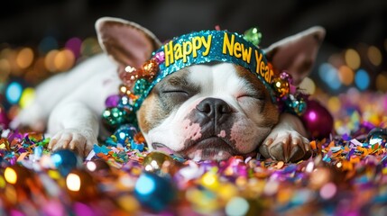 adorable bulldog puppy, wearing a "Happy New Year" headband, sleeps peacefully amidst a shower of colorful confetti and sparkling lights. Ideal for holiday greetings, pet blogs, or festive promotions