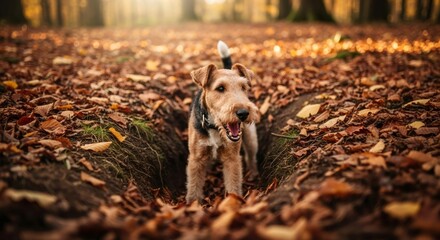 Fox terrier dog in a hunting hole. Game season and hunting ground. Happy dog in nature setting in the autumn forest.