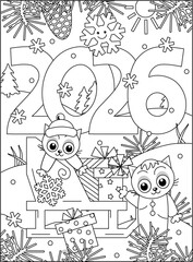Happy Holidays! Coloring page, card, sign, poster with 2026 text, two cute kittens delivering presents 
