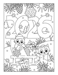 Happy Holidays! Coloring page, card, sign, poster with 2026 text, two cute kittens delivering presents 
