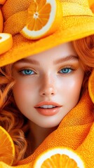 Young woman model with vibrant orange hair and blue eyes is surrounded by slices of orange fruit. Couture dresses, highlight of the fashion show.