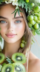 Kiwi-slice dress with green and black contrasts, model's serene smile adding playful charm to her presence. Couture garments in the fashion show's spotlight.