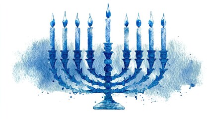 Watercolor illustration of a blue hanukkah menorah with lit candles isolated on white background