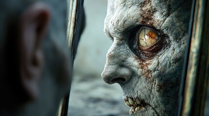 Man with gaze in a mirror, decaying image in return. Reminder of death, fear of what's to come, life fading with each passing moment in the mirror.