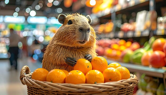 A rodent, amid produce in grocery store, sits in basket of oranges, with blurred background - Powered by Adobe