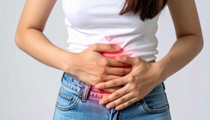Asian young woman hands in belly, stomach pain from food poisoning, abdominal pain and digestive problem, abdomen inflammation, menstrual period people.