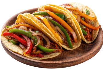 Three tacos with colorful peppers and onions on a wooden plate
