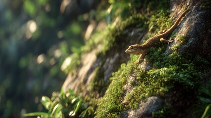 Obraz premium Lizard climbing mossy rock