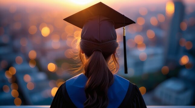 Young Graduate Woman in Cap and Gown Looking at Sunset Cityscape Achieving Success and Future Dreams
