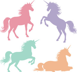 Soft Pastel Colored Unicorn Horses Silhouettes Set With Different Poses