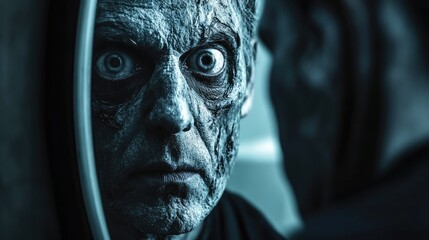 Man with gaze in a mirror, decaying image in sight. Death's presence, fear of what's coming, life fading in the reflection.