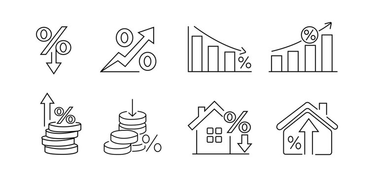 Editable line icons set of low and high interest rates. Finance, loan, Mortgage, and economic growth concept