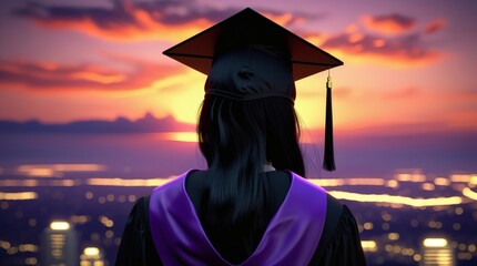 Graduate Student in Cap and Gown Looking Over City Skyline at Sunset