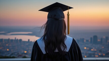 Graduation Day Success Young Woman in Cap and Gown Looking Over City Skyline at Sunset