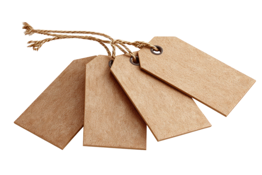 Four blank kraft paper tags tied with twine