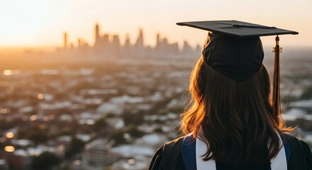 Graduation Success Student in Cap and Gown Gazing at City Skyline at Sunset