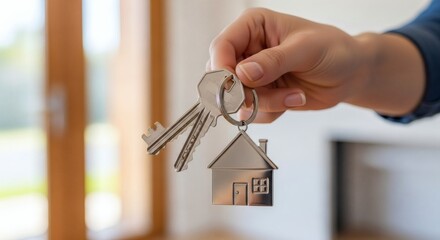 Hand Holding New House Keys with Miniature Home Keychain for Real Estate Success