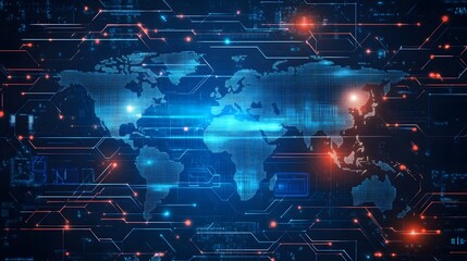 Abstract digital network of glowing lines and spheres in futuristic dark blue space