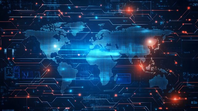 Abstract digital network of glowing lines and spheres in futuristic dark blue space