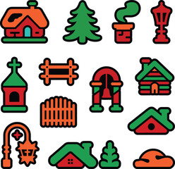 Charming Winter Village Christmas Icons Set: Houses, Evergreen Trees, Streetlights, and Holiday Symbols