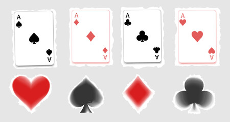Paying cards halftone with torn paper y2k collage four Aces set of Spades, Hearts, Diamonds and Clubs. Poker cards suits with dots. traditional shapes and authentic colors