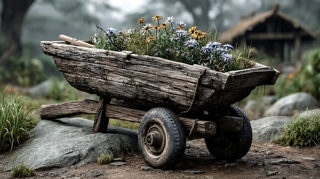 A weathered wooden wheelbarrow filled with wildflowers.