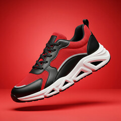 Dynamic Red and Black Athletic Shoe on Fiery Red Background: Modern Sportswear Design for Fitness and Active Lifestyle