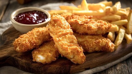 Crispy golden fish fingers, a popular comfort food dish, served with a side of delicious french fries and a bowl of dipping ketchup on a rustic wooden board