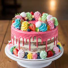 Delicious Birthday Cake with Pink Frosting Drip Topped with Berries and Meringues on Cake Stand: Celebratory Treat