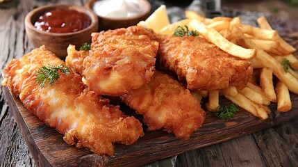 Fried fish fillets and golden french fries presenting a classic british takeaway meal, served on a rustic wooden board with ketchup, tartar sauce, and a lemon wedge
