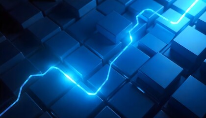 Fototapeta premium A grid of blue cubes with a glowing blue line winding through them, creating a futuristic and technological background with a sense of depth.