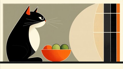 Cat in front of a bowl containing a fresh vegetarian mix of tomatoes and cucumbers, flat abstract theme.