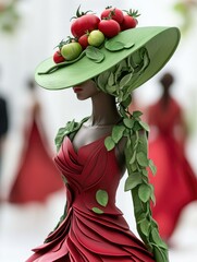 Cutting-edge outfit made of shiny tomato skins, molding to the woman's form, bold red and green contrast standing out in the spotlight. Designer collections with modern couture.