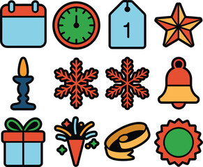 Festive Holiday and New Year Icon Set with Calendar, Gifts, and Snowflakes