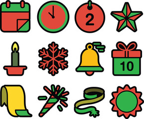 Festive New Year Holiday Celebration Icons and Symbols Set