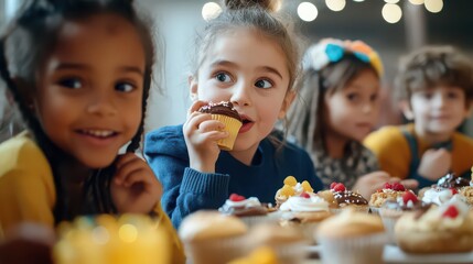 Group of children enjoying cupcakes at a party with bright smiles and colorful decorations visible