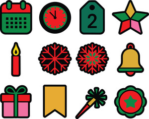 Festive Holiday and New Year Icon Set with Calendar, Gifts, and Snowflakes