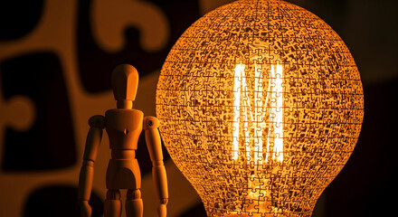 Wooden mannequin contemplates glowing puzzle lightbulb idea