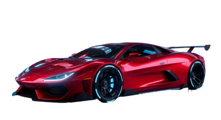 Sleek red sports car with aerodynamic design and glowing blue accents, ready for speed.