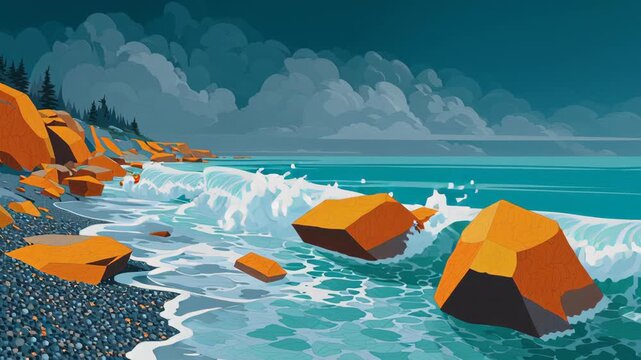A rocky shoreline with a large wave crashing into the rocks. The rocks are orange. Mid-century modern coastal landscape, simplified waves, angular rocks, mid century bold color palette