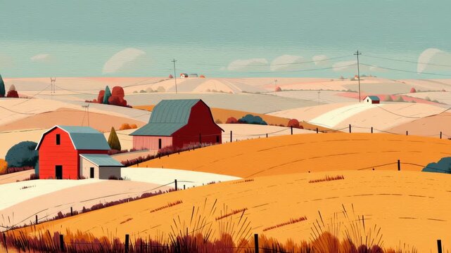 A peaceful countryside scene with a red barn situated in the middle. Mid-century modern countryside, geometric barns and fences, rolling hills, mid century modern landscape soft gradient sky